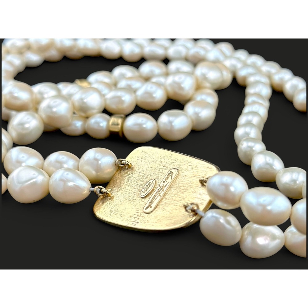 Trifari Kunio Matsumoto Faux Baroque Pearl Double Strand Gold Pendant Necklace - Picture 7 of 8